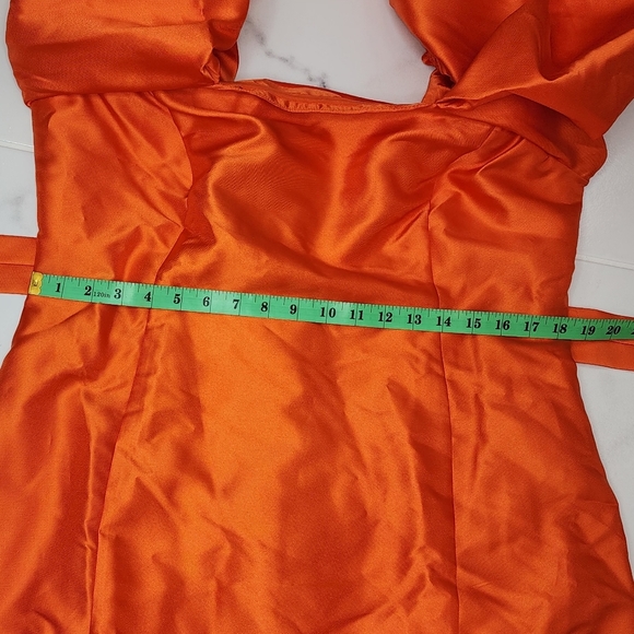 ASOS LUXE Curve belted drama sleeve structured satin midi dress in hot orange - Picture 8 of 10